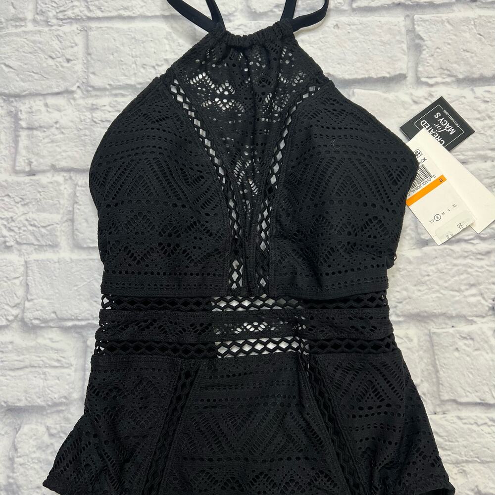 Salt + Cove Juniors Crochet Overlay One Piece Swimsuit Black Size S High Neck - Picture 3 of 6